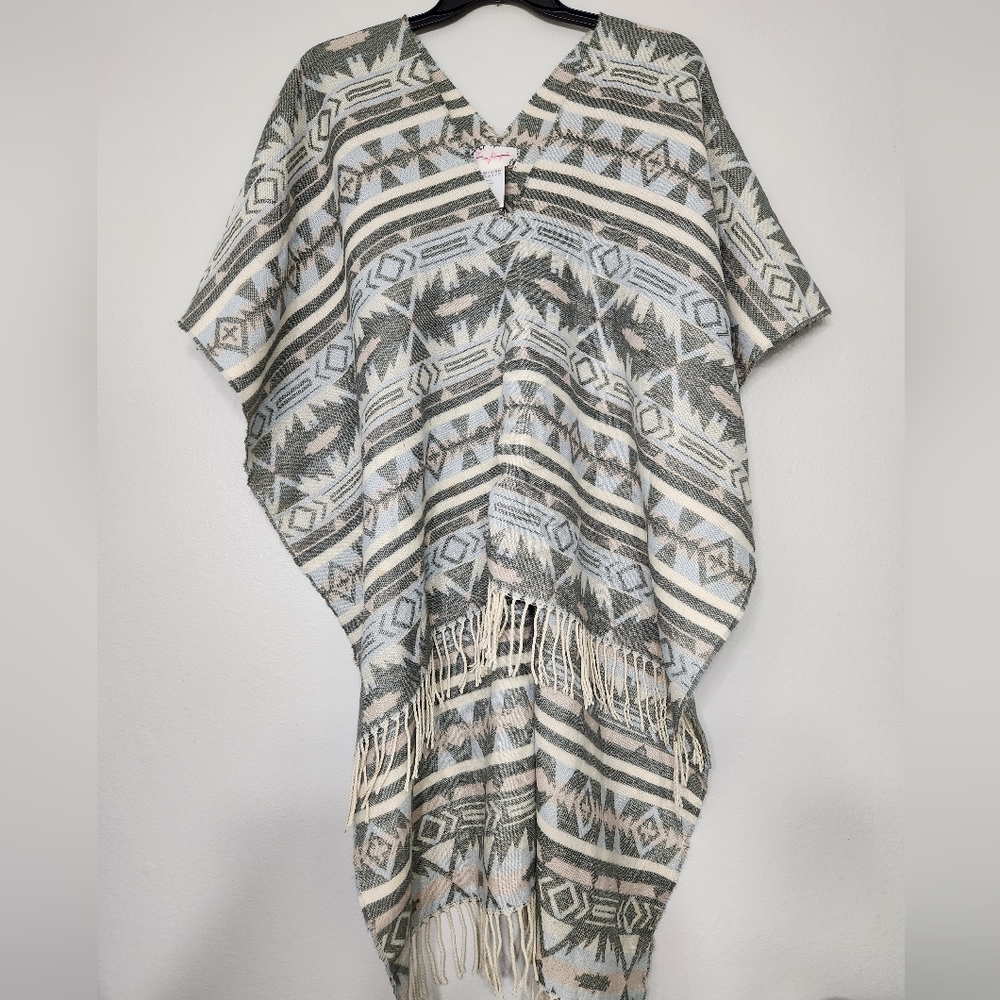 Free People Aztec Woven Pattern Fringe Poncho